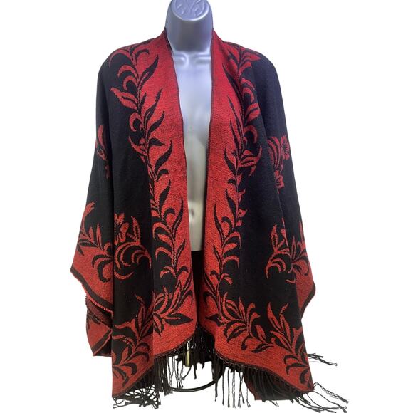 Cashmere Feel Boho Wrap Shawl Reversible Black Red Floral Black Fringe Soft Warm - Picture 6 of 8